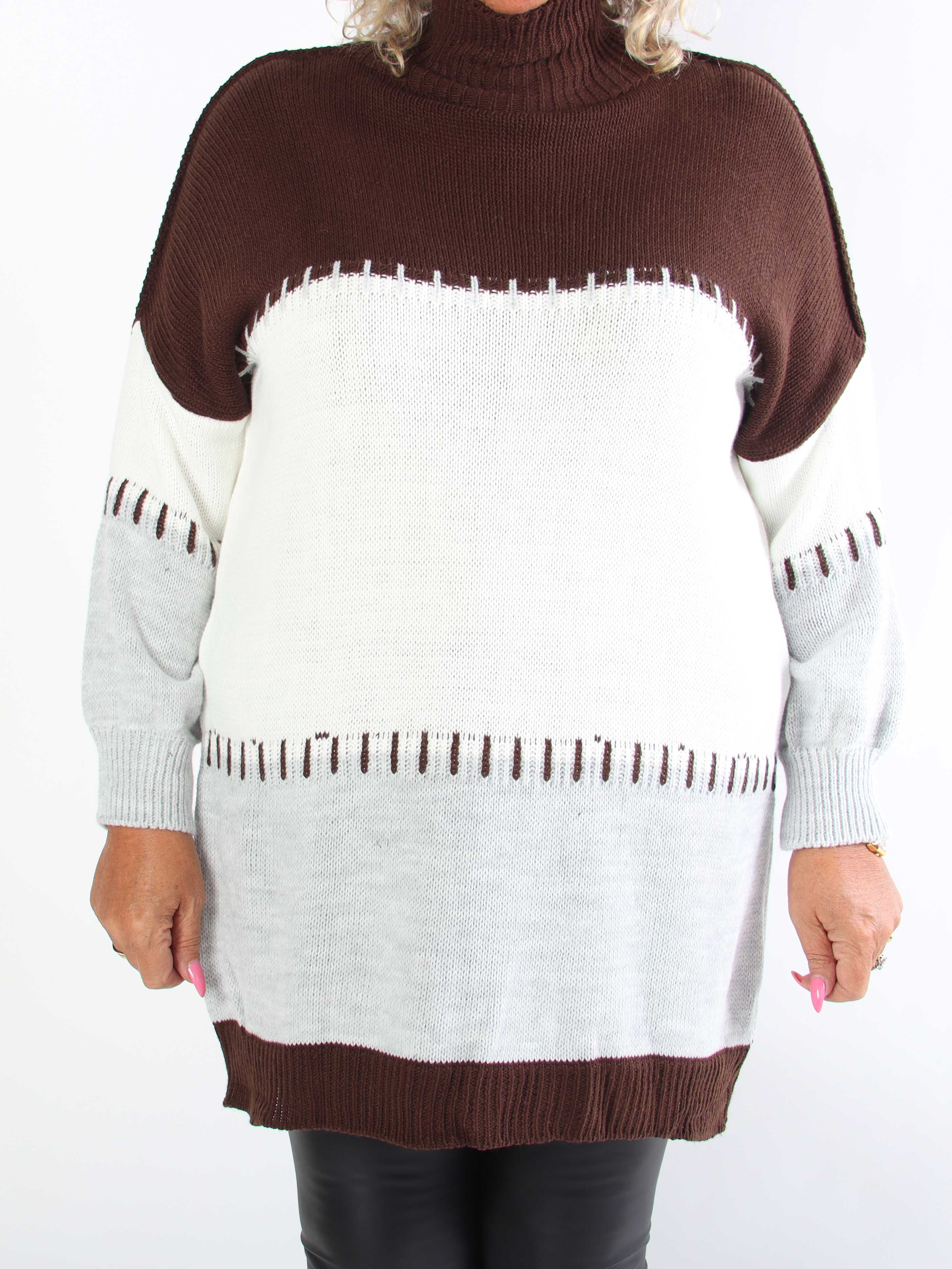 Nuria - Flerfarvet plus size strikkjole med høj hals